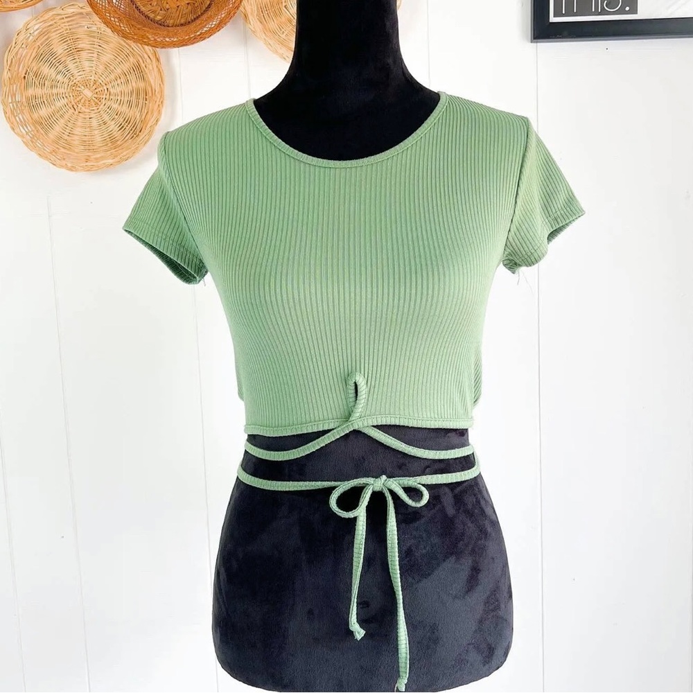 just polly new york green ribbed crop top short sleeve wrap tie or bowtie
